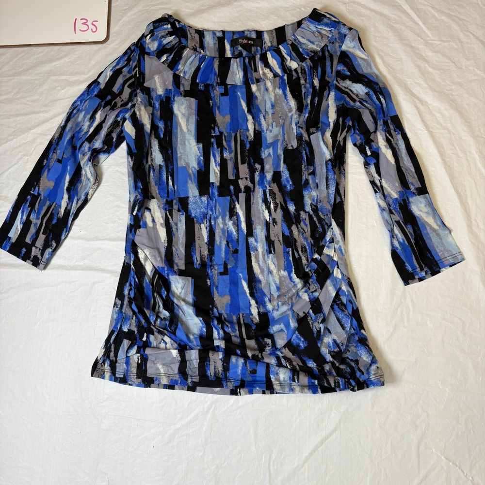 Style Co Women Blue Black Grey Abstract Print 3/4 Sleeve Top Size S